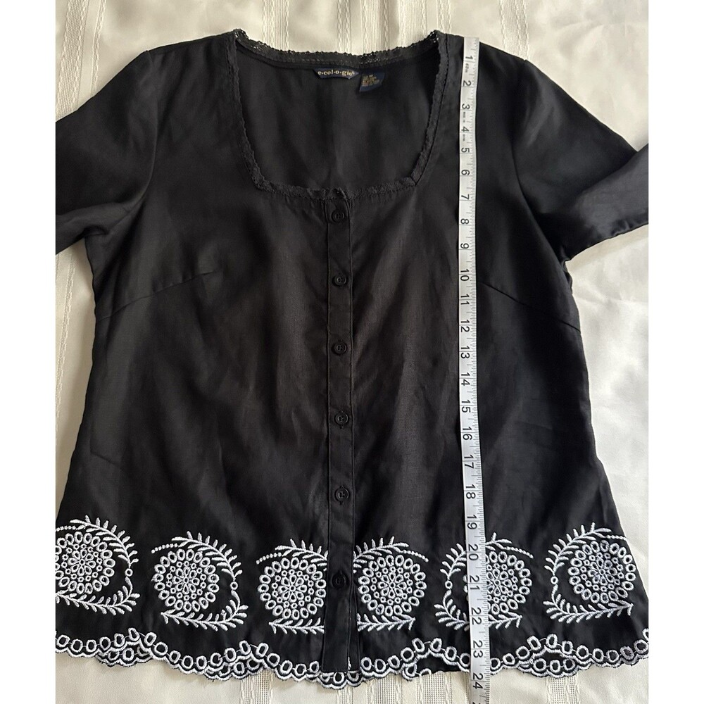 Ecologie Black 100% Linen Blouse, Size M, with White Embroidery and 3/4 Sleeve - Picture 9 of 13
